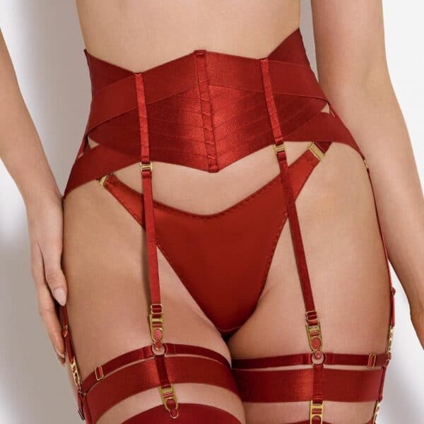 Detail of a Front Woman wearing a Push Up Bra, a Garter Belt, a Silk G-string and Wide Strap Garters in Red.