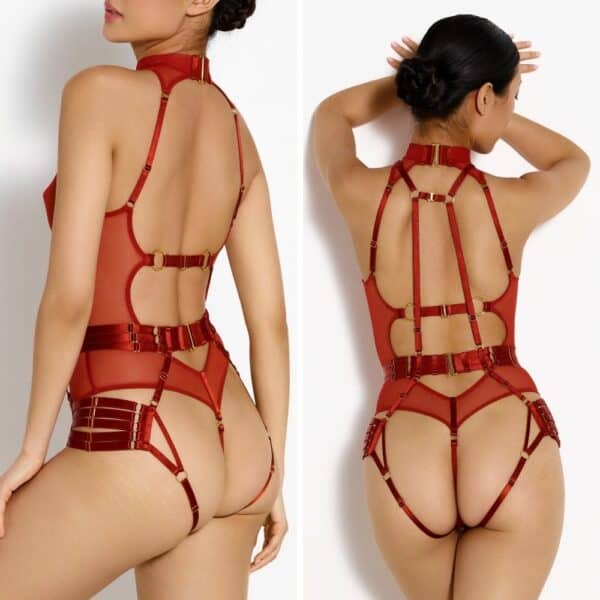 Photo of a Back and 3/4 Back Woman wearing a 2-piece Body Harness and a Red Fishnet Body with Gold Nippies