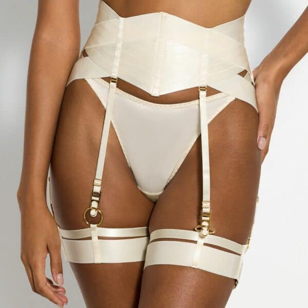 Detail of Photo of Woman in Front Wearing a Strapless Bra, Garter Belt, Garters and Thong in Cream-colored Silk