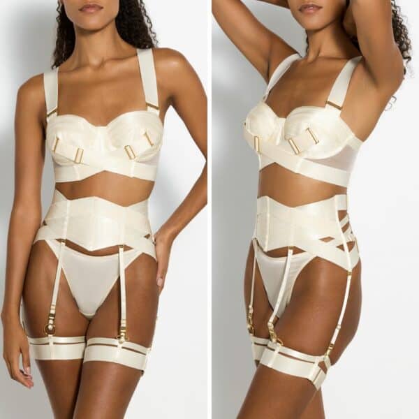 Photo of a 3/4 and Front Woman wearing a Strapless Bra, Garter Belt, Garters and Thong in Cream Silk