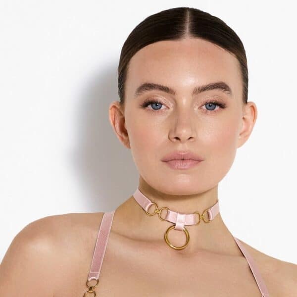 Front woman wearing a Ring Necklace and a Pink Bra
