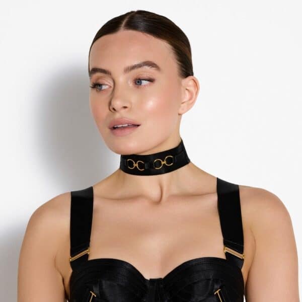 Front woman wearing a Black Necklace and Bustier Bra