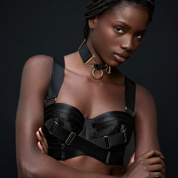 Detail of a Photo of a Front Woman Wearing a Bustier Bra and Large Choker with Black Color Ring