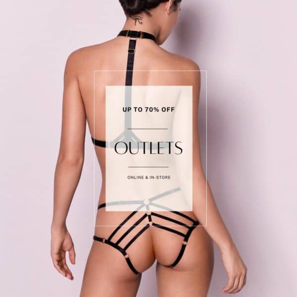 Promotional photo Outlet of a Woman from the Back wearing a Bra and Open Panties in Black.