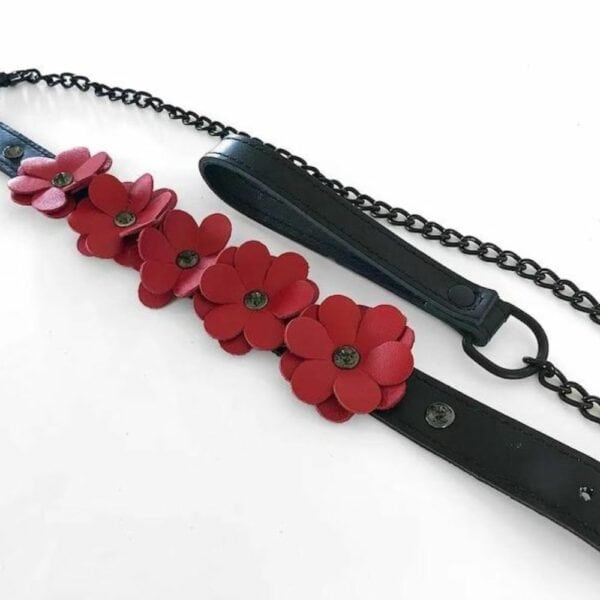 Packshot of Flowers flattened necklace in black and red leather and leash