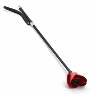 Packshot of a Black Leather Whip with Strap and Red Flower Cap