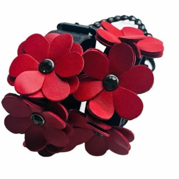 Black Leather Handcuffs with Red Leather Flowers and Black Chain Packshot