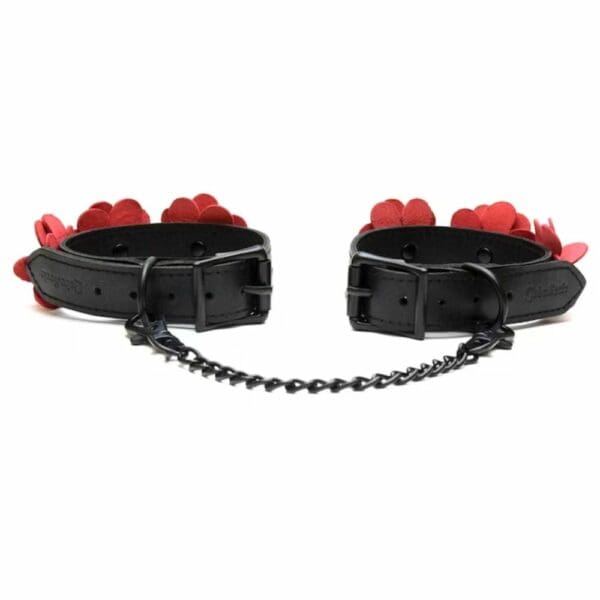 Black Leather Handcuffs Back Packshot with Red Leather Flowers and Black Chain