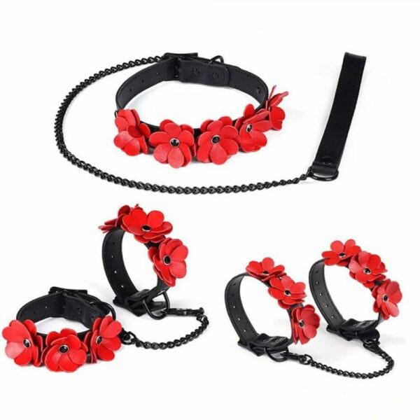 Packshot of the Flower Red Collection's Leather Leash Collar, Handcuffs and Ankle Cuffs