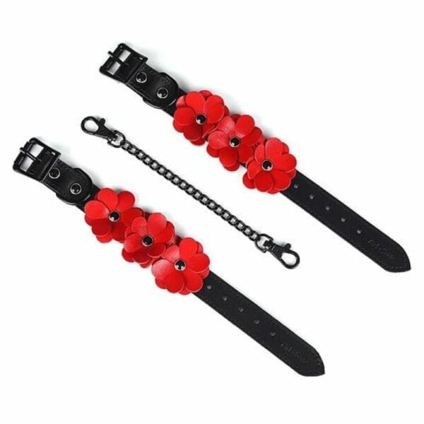 Packshot Ankle Cuffs in Black Leather with Red Leather Flowers and Black Color Chain Separated and Set Flat