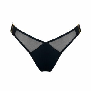 Tanga frontal negro de suave rejilla, jersey y tirantes elásticos