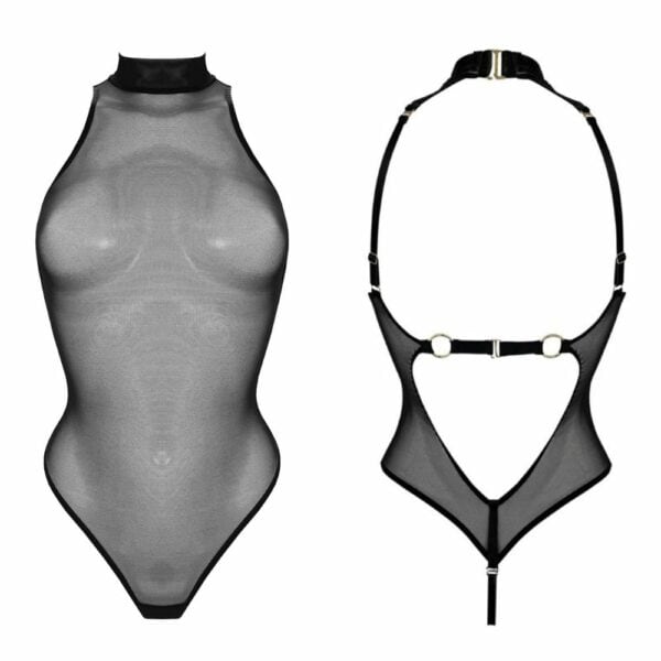 Packshot of the Front and Back of a Fishnet Body with High Collar in Black Color