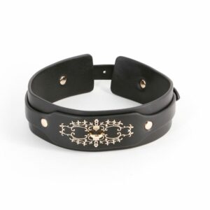 Packshot of the Front of a Black Synthetic Leather Necklace with Ring, Decorations and Gold Rivets