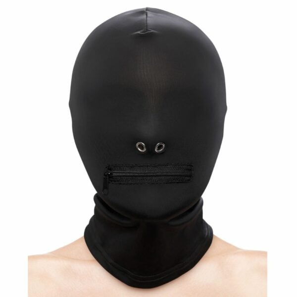 Photo of a Front Person wearing a BDSM Hood covering the Eyes with a Zip over the Mouth