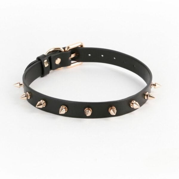 Packshot of the Front of a Black Synthetic Leather Necklace with Metal Spikes