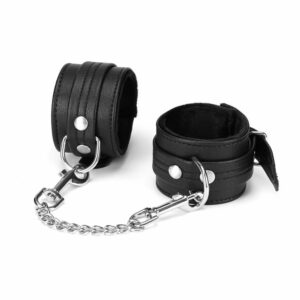 Black Leather Handcuff Front Packshot with Silver Chain