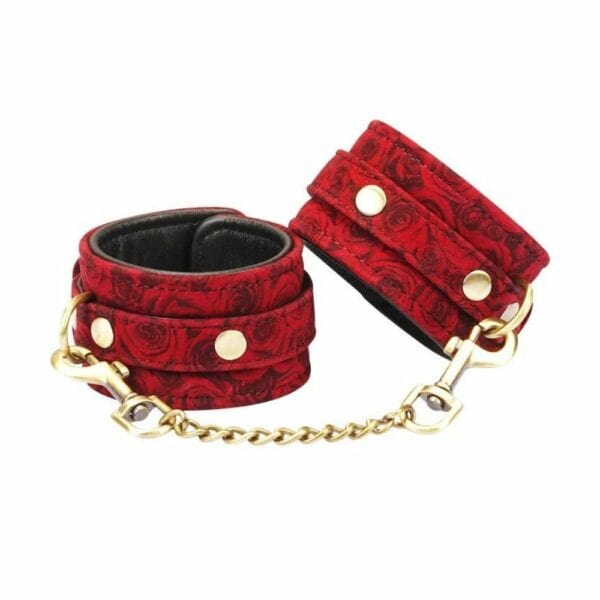 Red Rose Printed Leather Handcuffs with Gold Chain Packshot