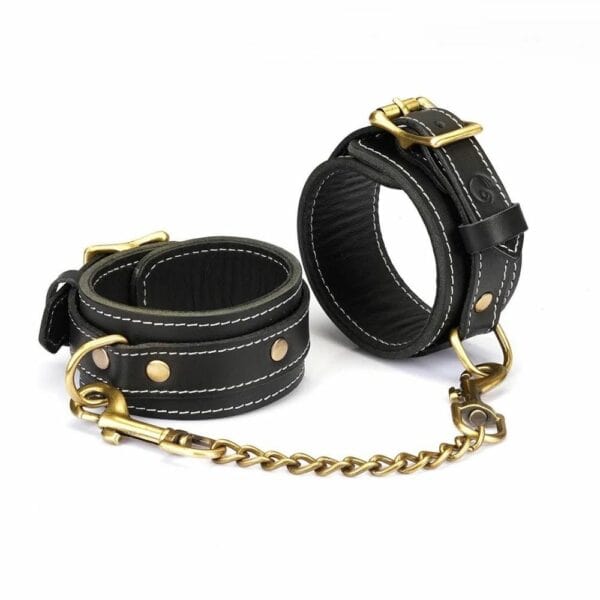 Black Leather Handcuff Packshot with Brass Chain