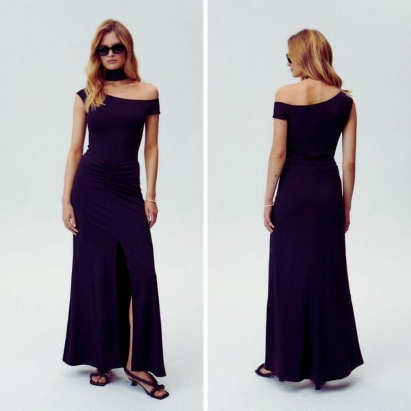 Front and back photo of a woman wearing an Opaque Asymmetrical Bodysuit and a Long Skirt in Black.