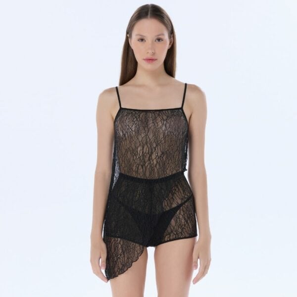 Photo of a Front Woman wearing an Asymmetrical Lace Top and a Black Lace Shorty