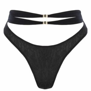 Black High Waisted Lace Thong with Elastic Straps Front Packshot