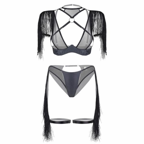 Packshot of the Front of a Lingerie Set with Black Color Fringes