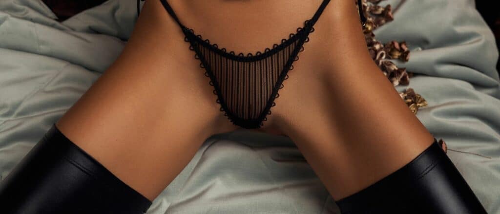 Detail of a Photo of a Woman Wearing a Black Fishnet Thong