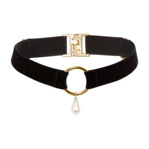 Front Packshot of a Black Choker with Gold Ring and White Crystal