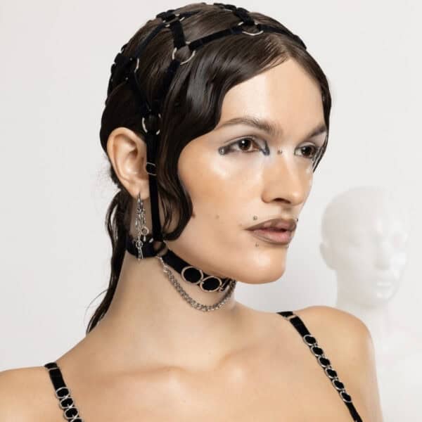 Woman Wearing a Black Head Harness Velvet Elastic Strap