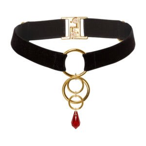 Packshot de Devant d'un Choker Noir avec Anneaux Or et Cristal Rouge