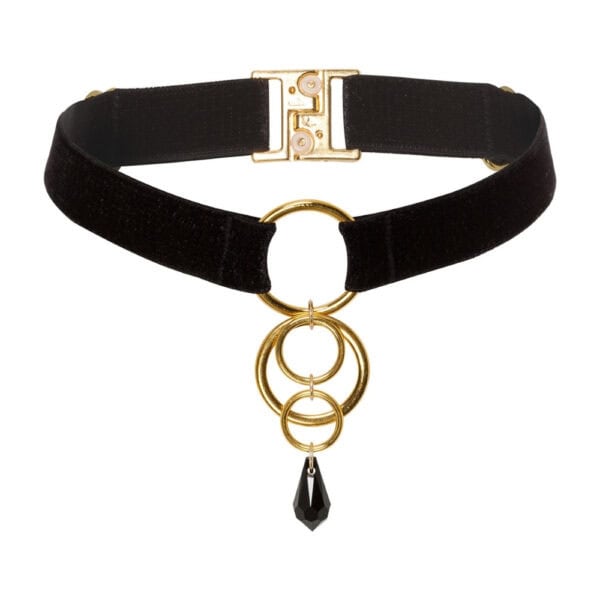 Front Packshot of a Black Choker with Gold Rings and Black Crystal