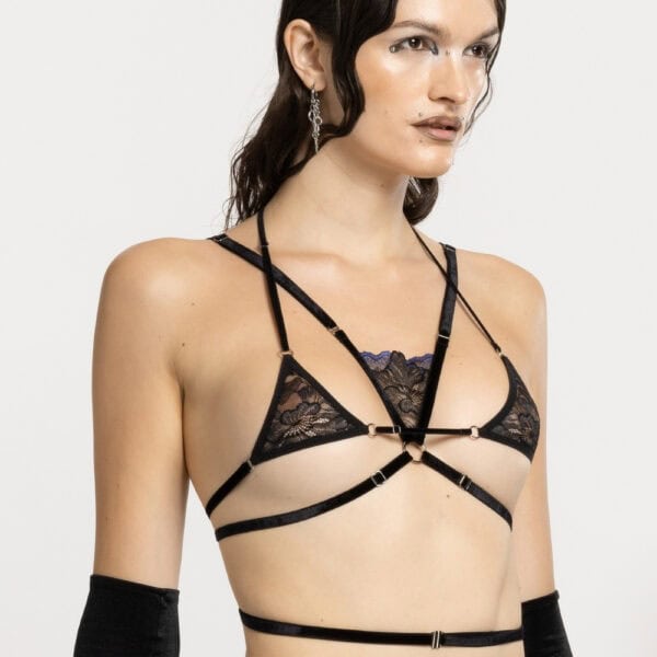 Woman Wearing a Black Velvet and Lace Adjustable Micro Bra and Black Velvet and Lace Chest Harness Purple Detail