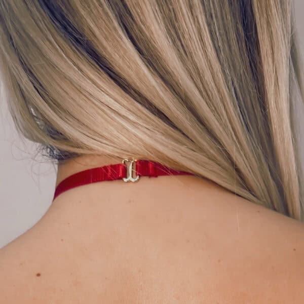 Detail am Hals einer Frau von hinten, die ein rotes Geschirr mit goldener Kette trägt