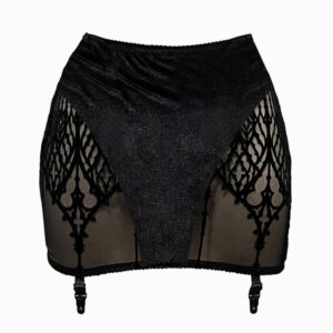 Packshot of the Front of a Waspie in Black Mesh with Cathedral Motifs