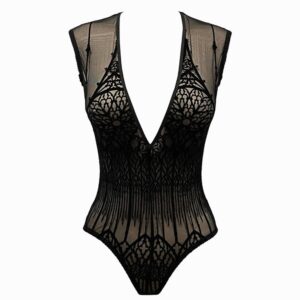 Packshot of the Front of a Black Mesh Bodysuit with Cathedral Motifs