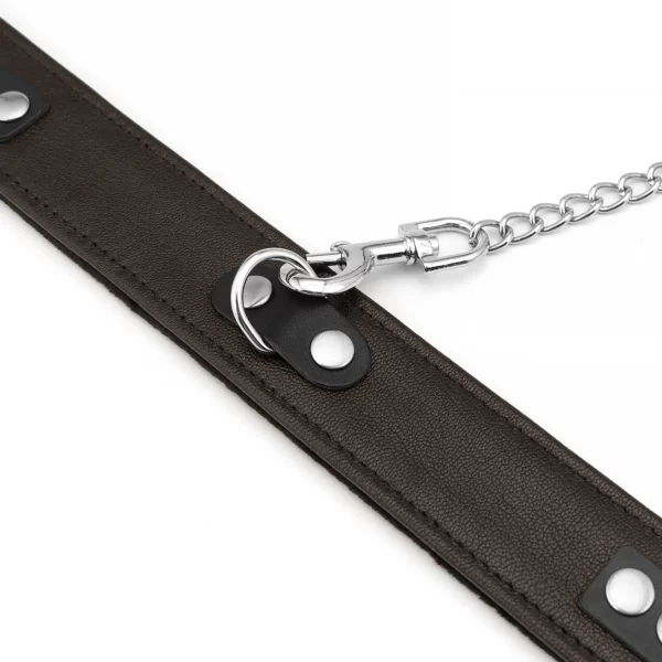 Packshot Collier et Laisse en Cuir d'Agneau Noir avec Chaîne Argent