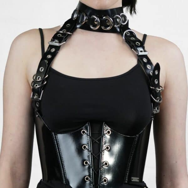 Front Woman Wearing an Open Corset in Black Leather