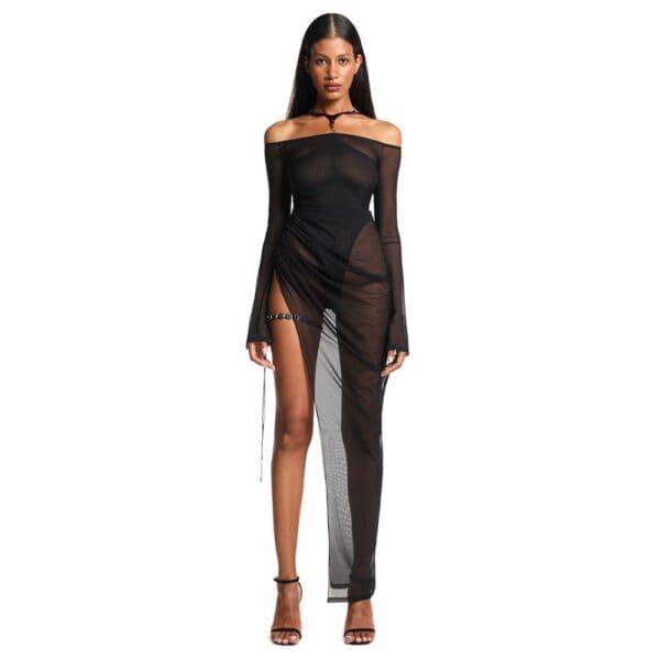 Femme Portant Une Robe Longue Fendue Semi Transparente en Maille Noir