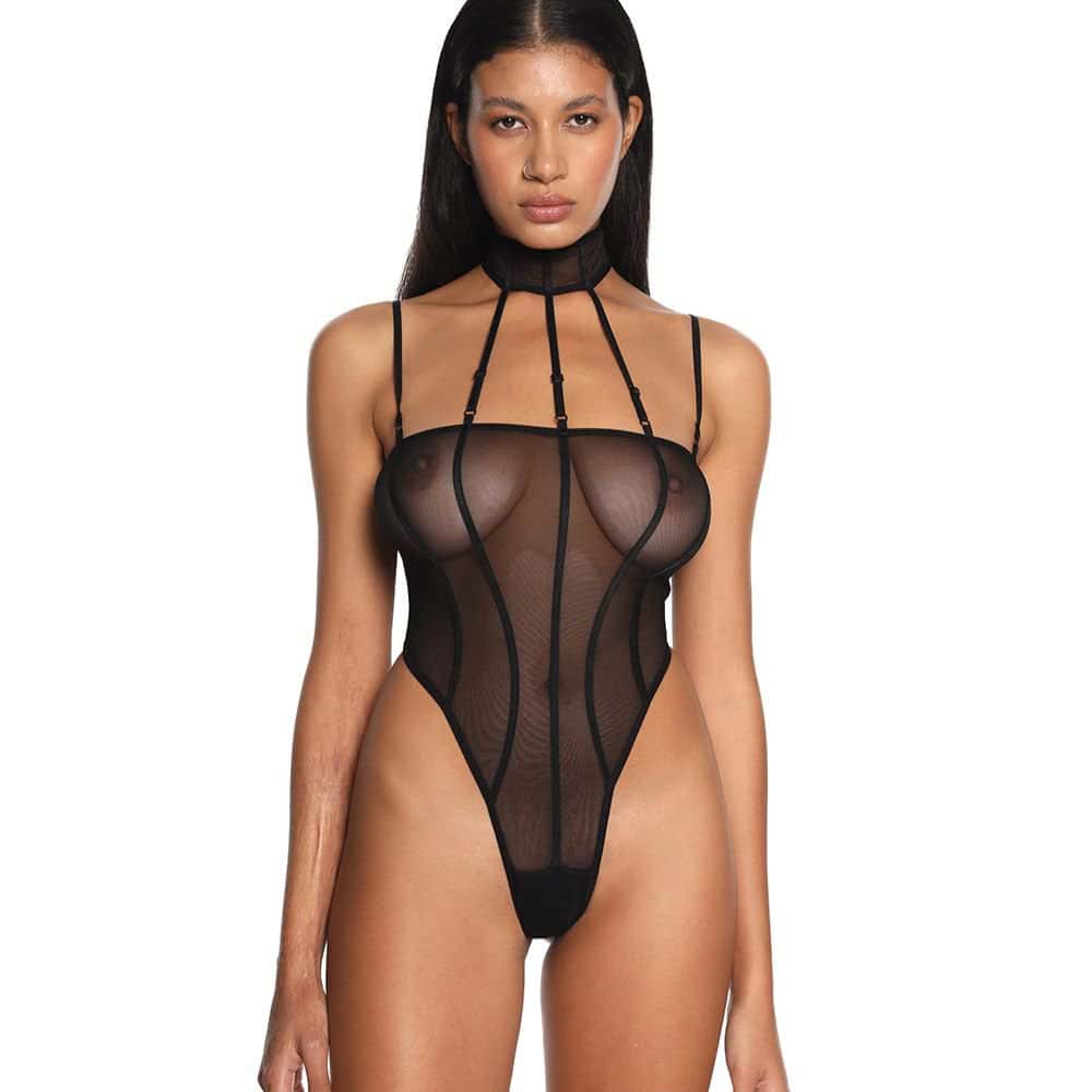 Woman Wearing a Durable and Ultra-Extensible Black Mesh Bodysuit