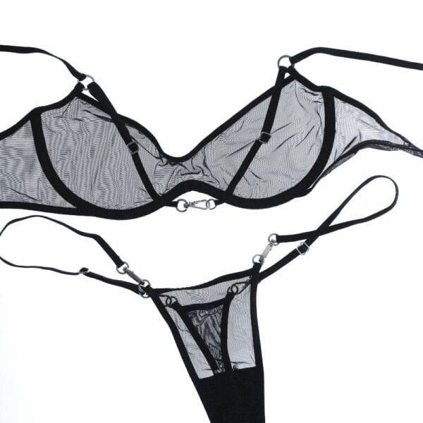 Packshot Black Mesh Bra and G-string with Silver Detail