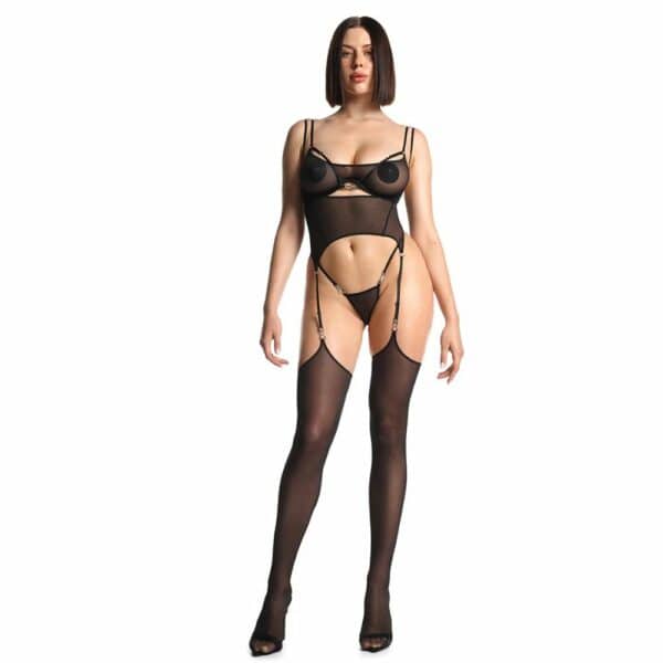 Woman Wearing A Black Semi-Transparent Mesh Bra, G-string and Suspender Belt Set With Matching Mesh Stockings