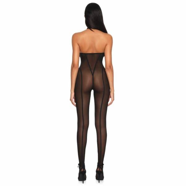 Femme De Dos Wearing a Black Transparent Mesh Catsuit Durable and Ultra-Extensible