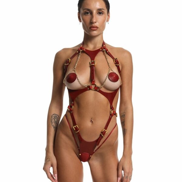 Red Leather Harness with Chains and Gold Ring