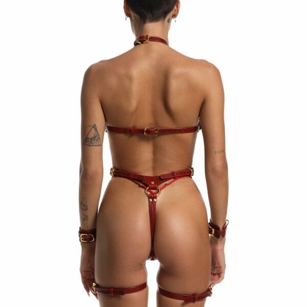 Red Leather Harness with Chains and Gold Ring Back View