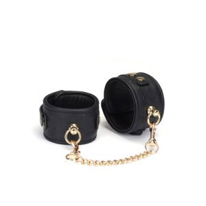 Packshot Black Leather Ankle Cuffs with Gold Chain