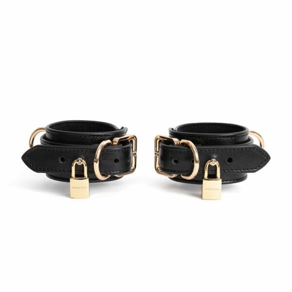 Packshot Leather Handcuffs with Gold D-Ring and Buckle