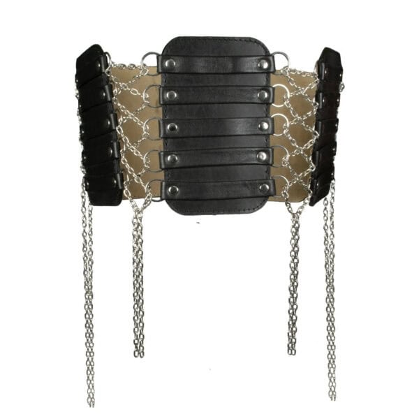 Leather corset with stainless steel chains interlaced on the sides, offering a refined, structured style. An elegant fashion accessory that enhances the waist with bold modernity.