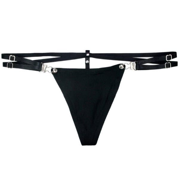 Minimalist black thong harness with slim belts and garter belt fastenings.