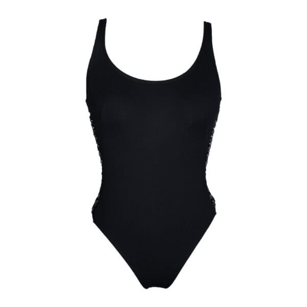 Elegant black front bodysuit with lace-up side details sold by Brigade Mondaine.