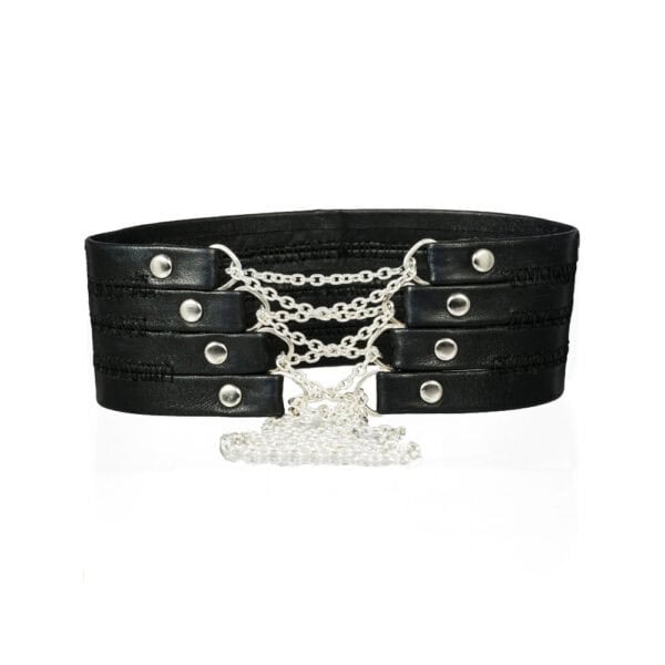 A black leather choker, embellished with silver chains, set against a white background. This sophisticated piece of jewelry combines simplicity and boldness, offering elegant contrast and assertive character.